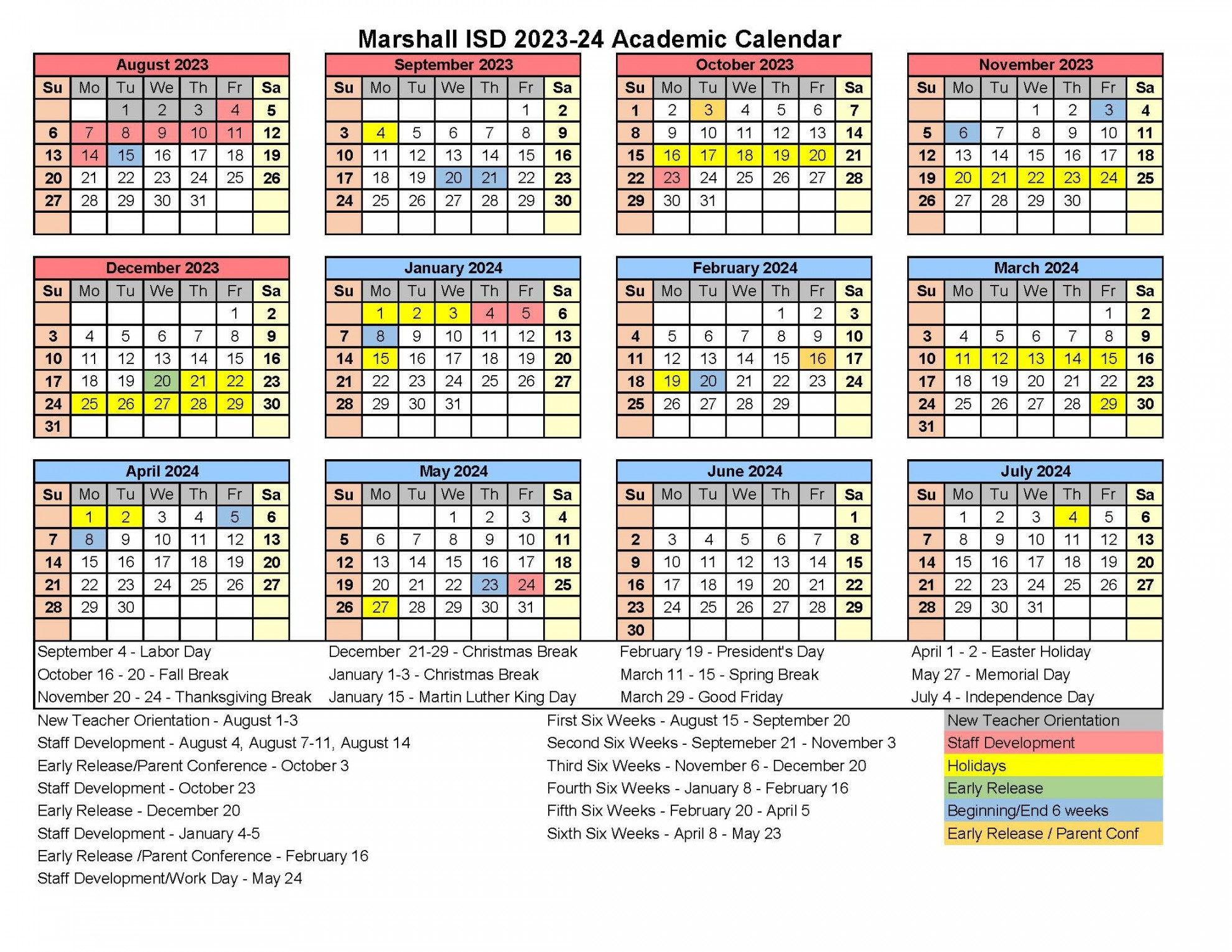 Marshall ISD Calendar for - Approved  Marshall ISD