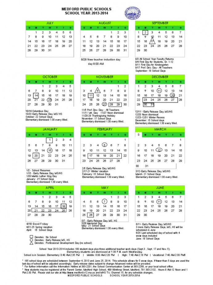 Medford Public Schools Calendar - School Year - Updated