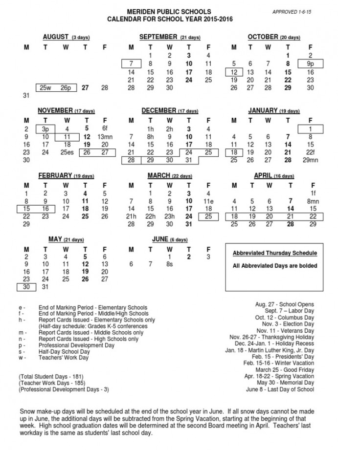 Meriden Schools - Calendar  PDF