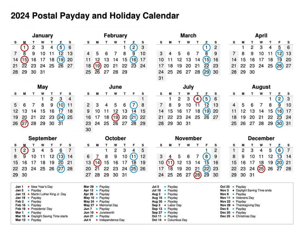 New  Printable Postal Holiday and Payday Calendar - Ruralinfo