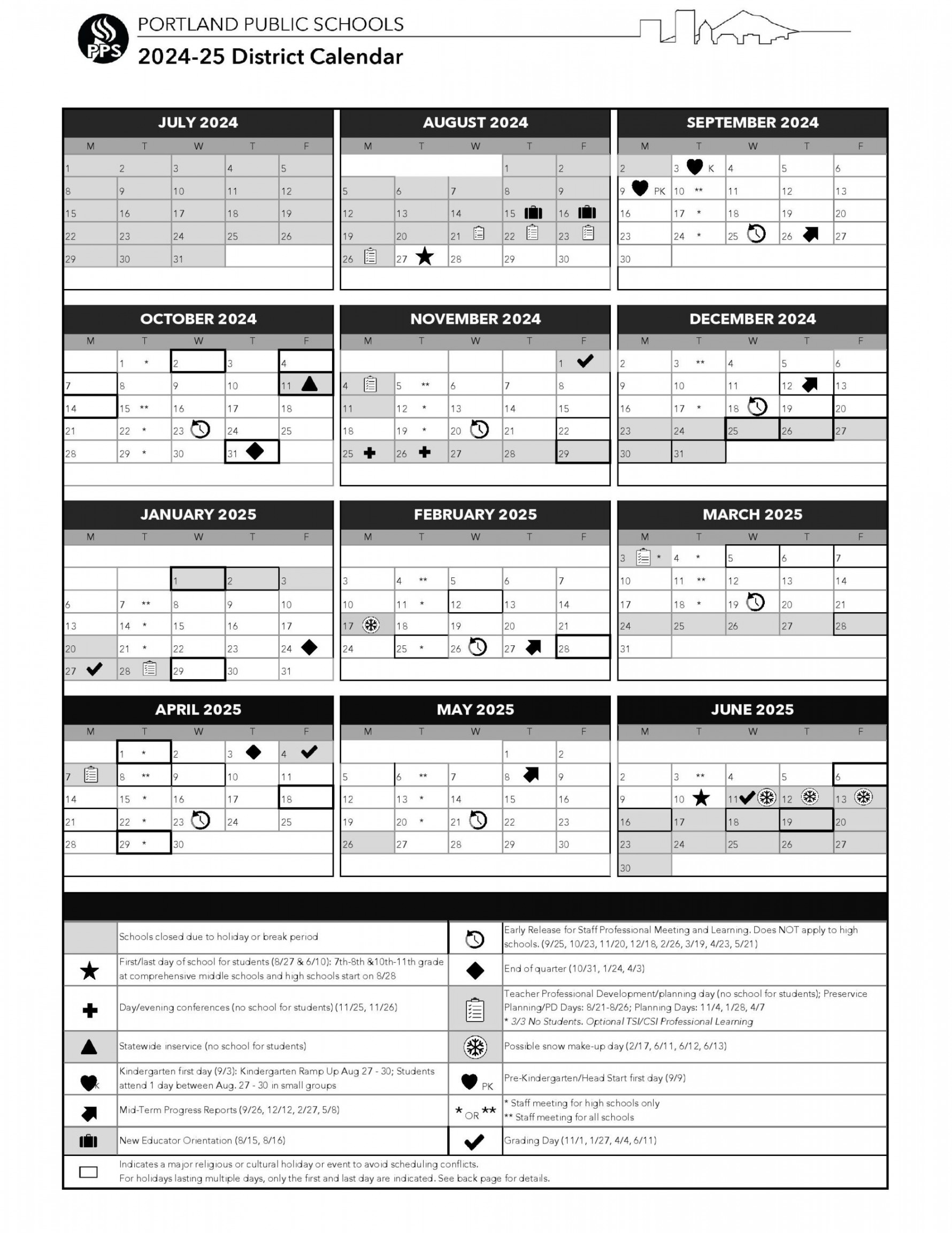 Portland Public Schools Calendar -  Academic Dates