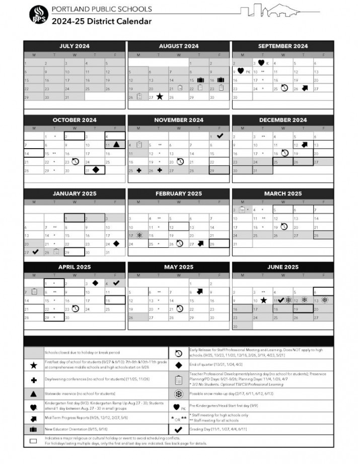 Portland Public Schools Calendar -  Academic Dates