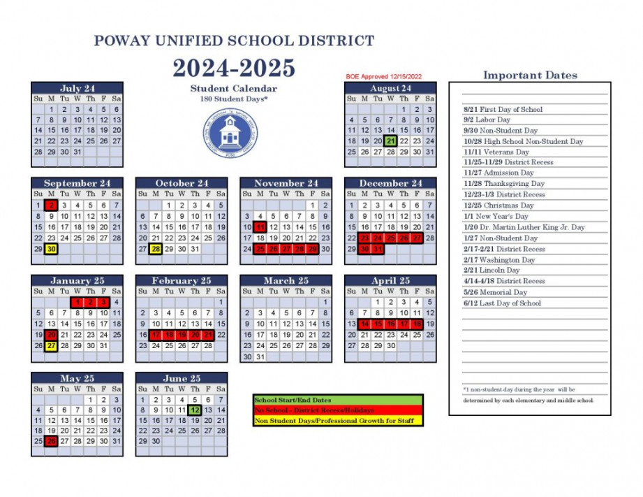 Poway Unified School District Calendar -