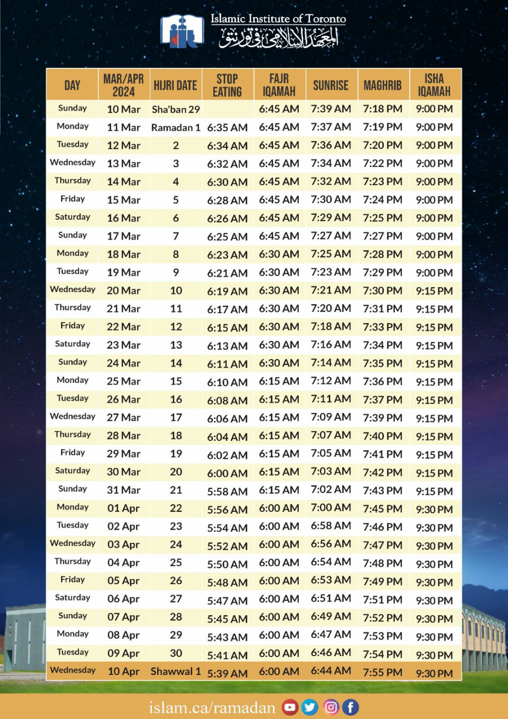 Ramadan Calendar  () - Islamic Institute of Toronto