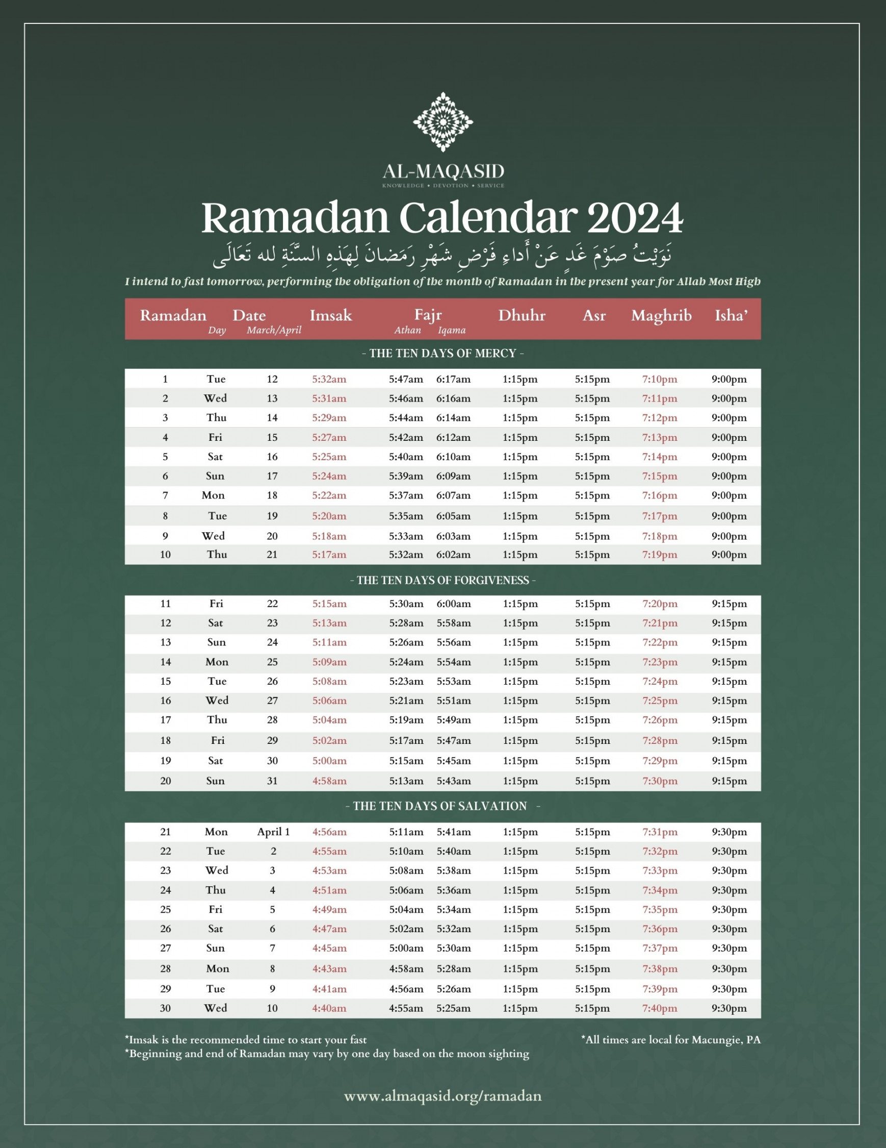 Ramadan Prayer Calendar — Al-Maqasid