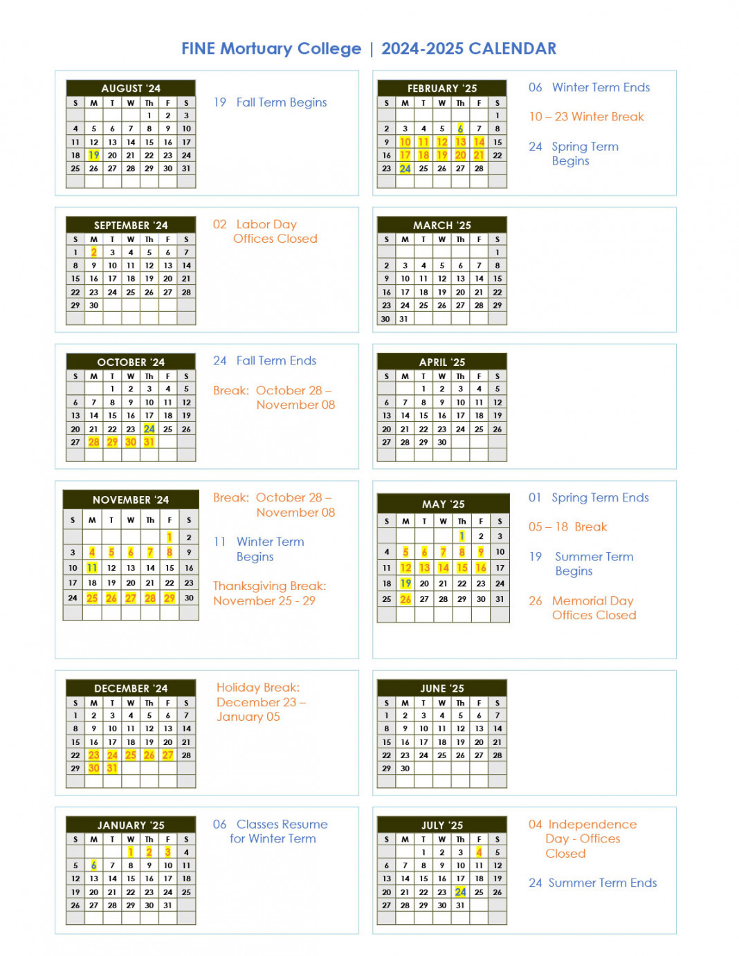 Schedule & Calendar - FINE Mortuary College