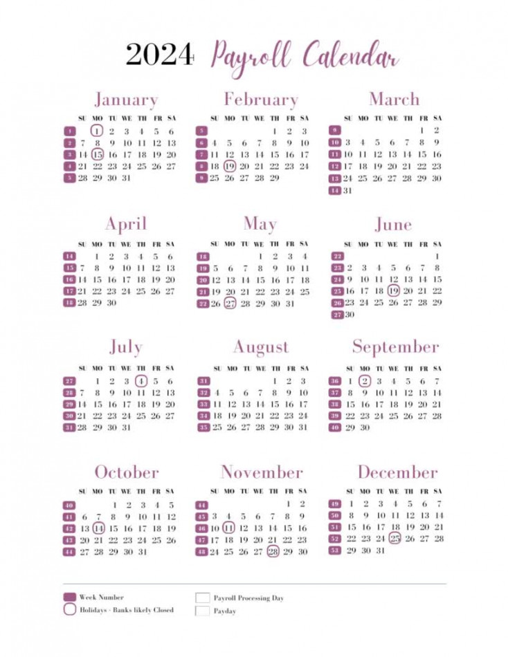 Annual Printable Payroll Calendar, Download Yearly Payroll Calendar  with holidays & week numbers, Sun-Sat, Pay periods, working days