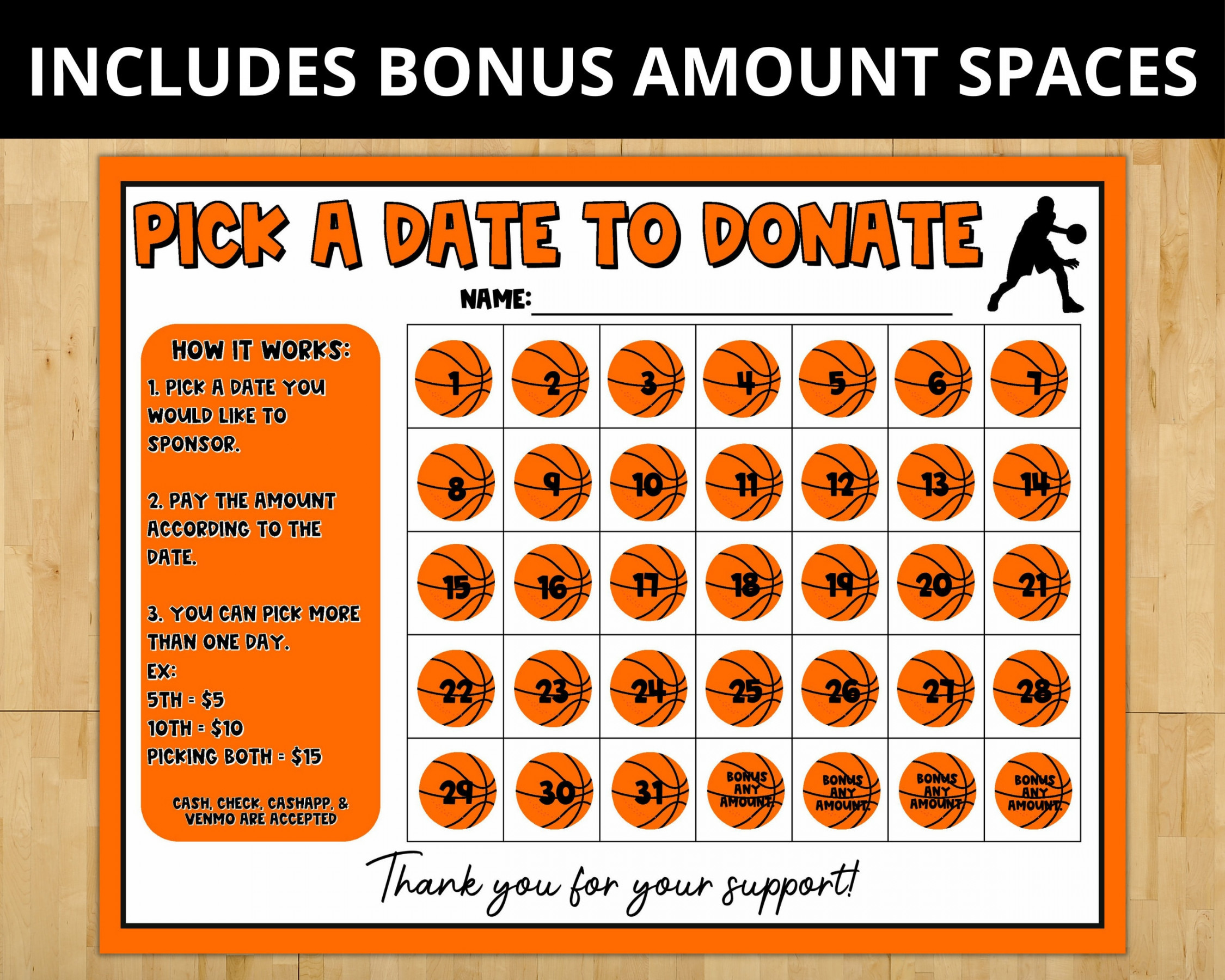 Basketball Calendar Fundraiser, Pick a Date to Donate Printable