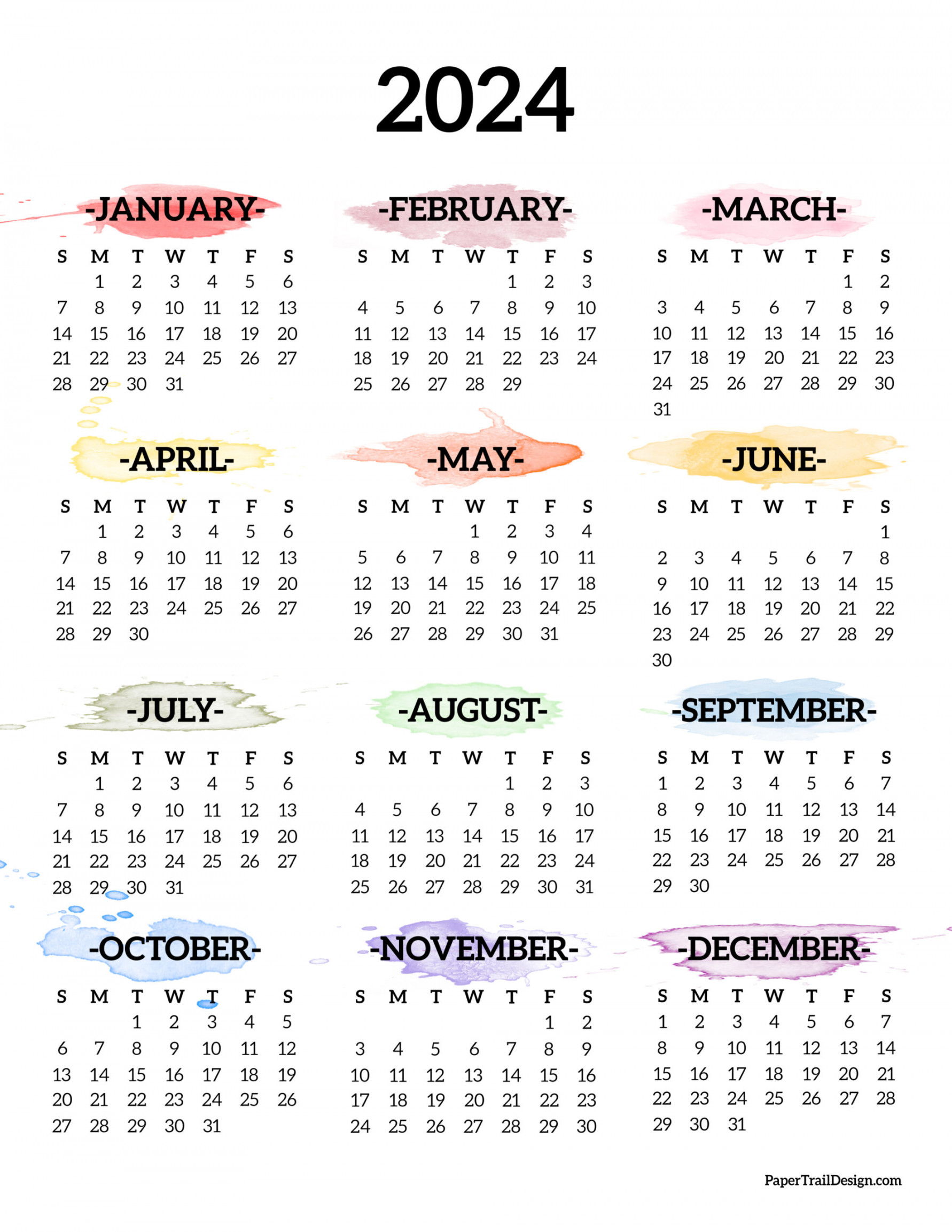 Calendar  Printable One Page - Paper Trail Design