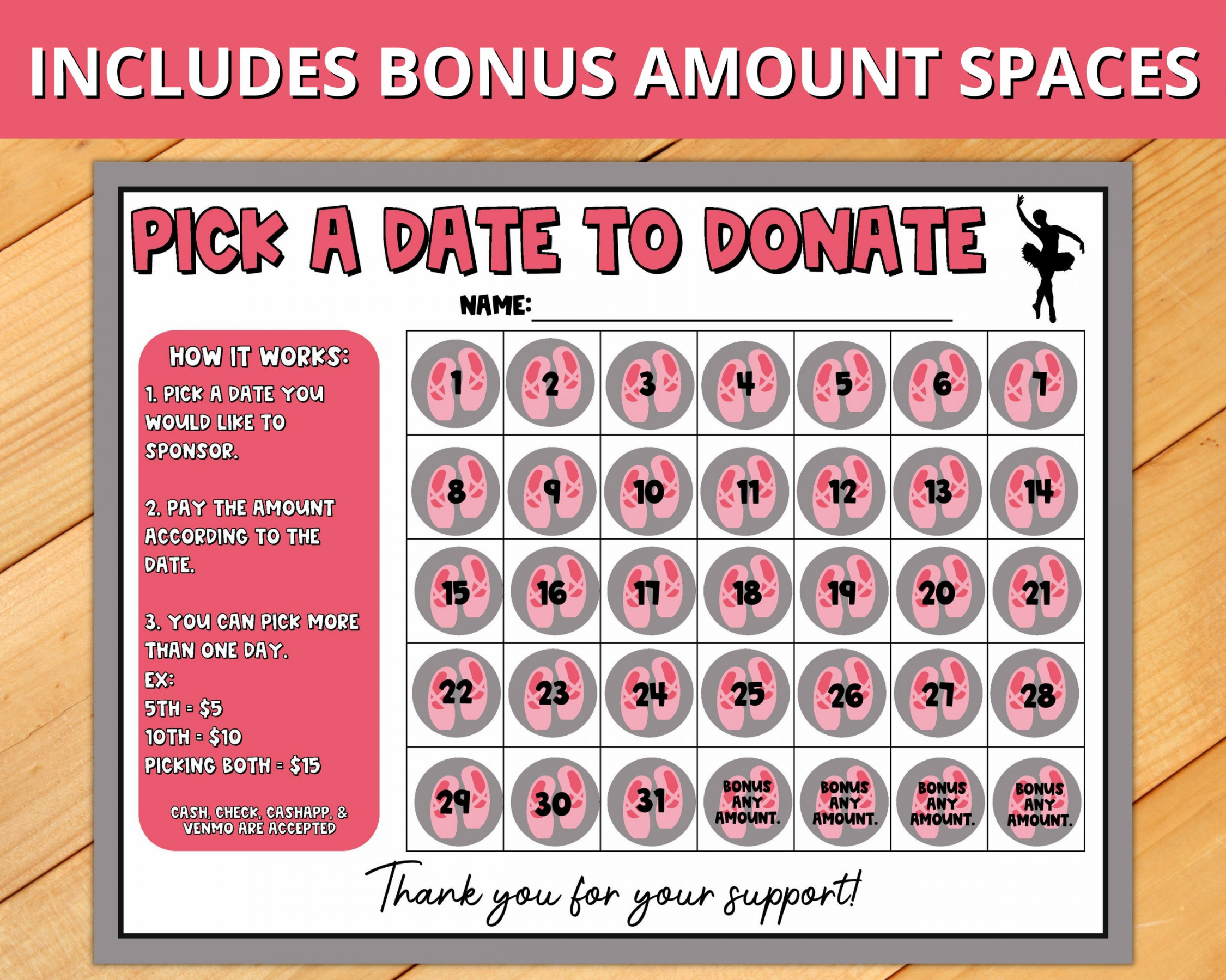 Dance Calendar Fundraiser, Pick a Date to Donate Printable, Dance