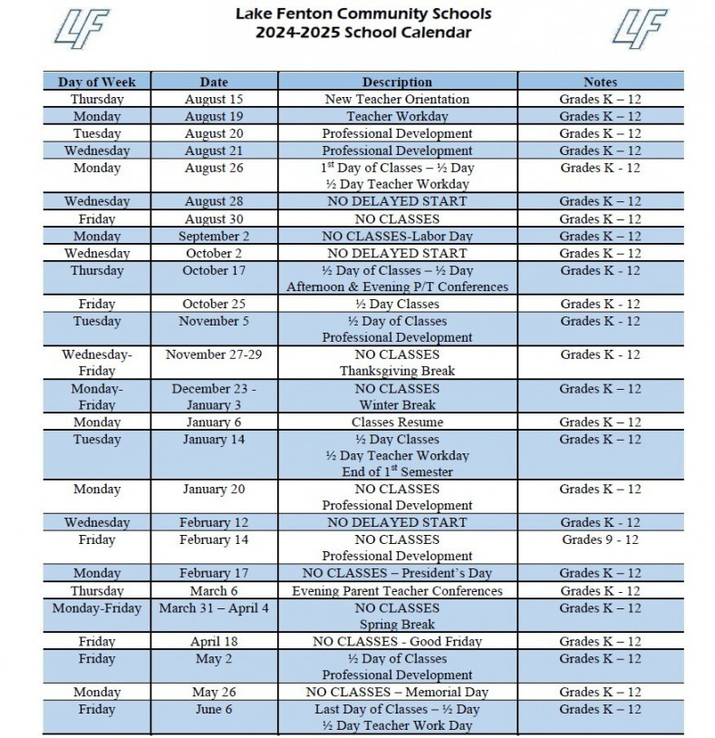 - District Calendar  Lake Fenton High School