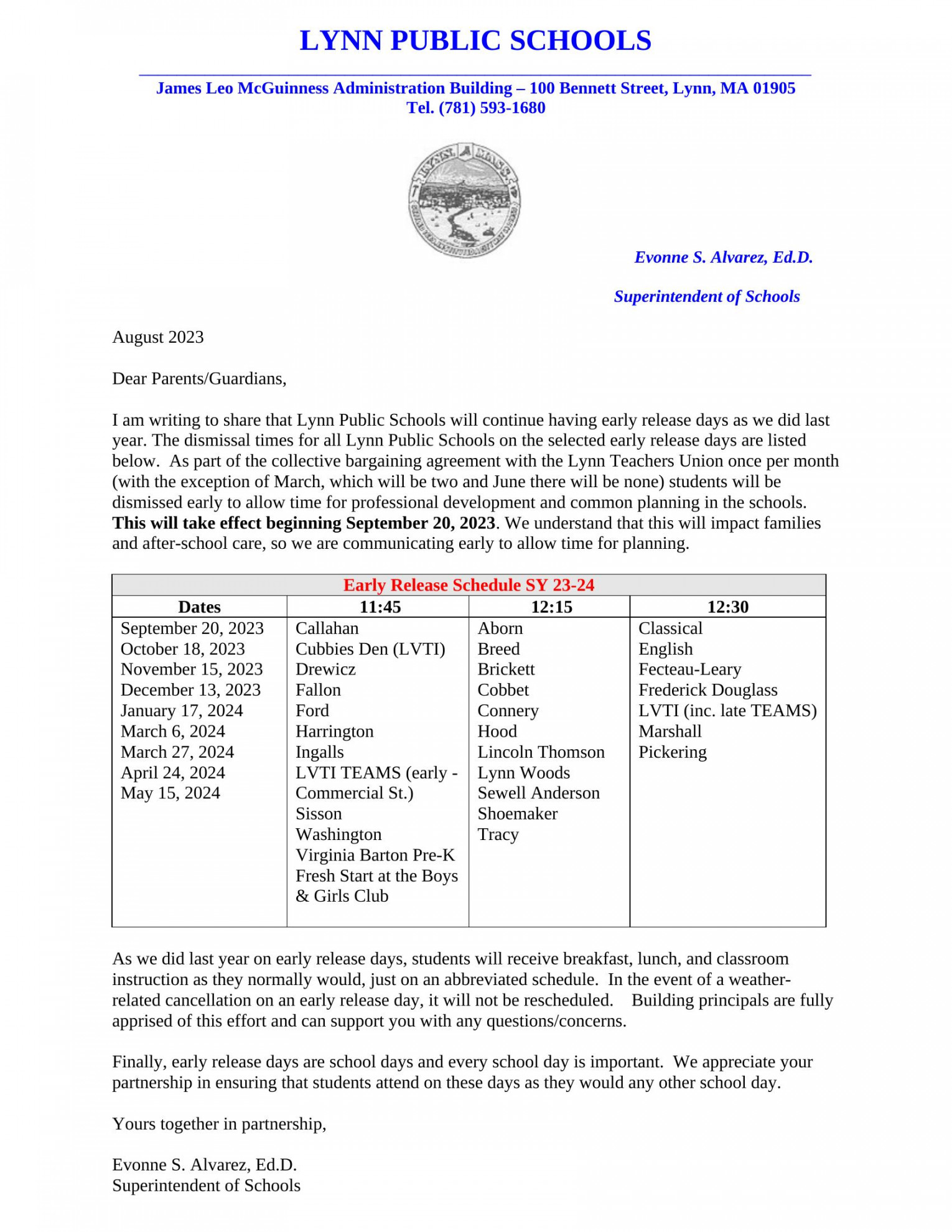 Early Release Schedule - / - Lynn Public Schools