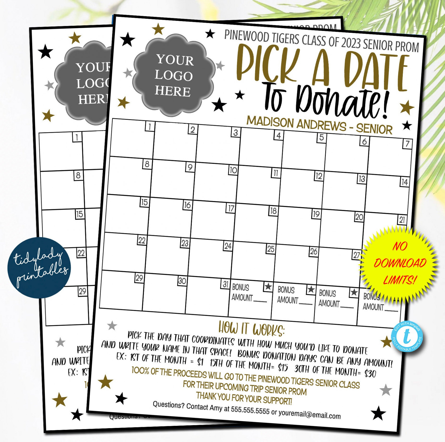 EDITABLE Prom Pick a Date to Donate Printable, Senior Class Fundraiser,  High School Dance, Senior Trip Editable Calendar, Digital Template