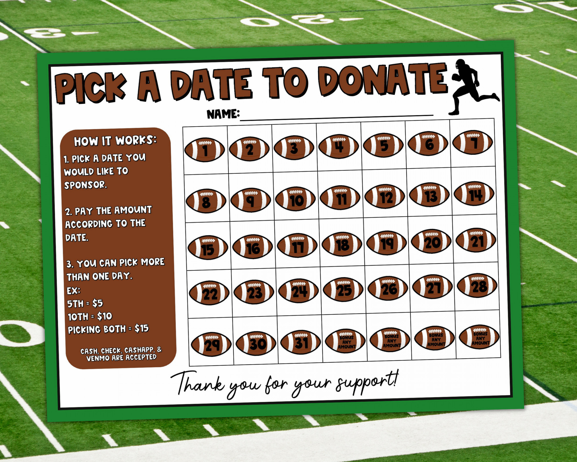 Football Calendar Fundraiser, Pick a Date to Donate Printable, Football  Fundraiser Template