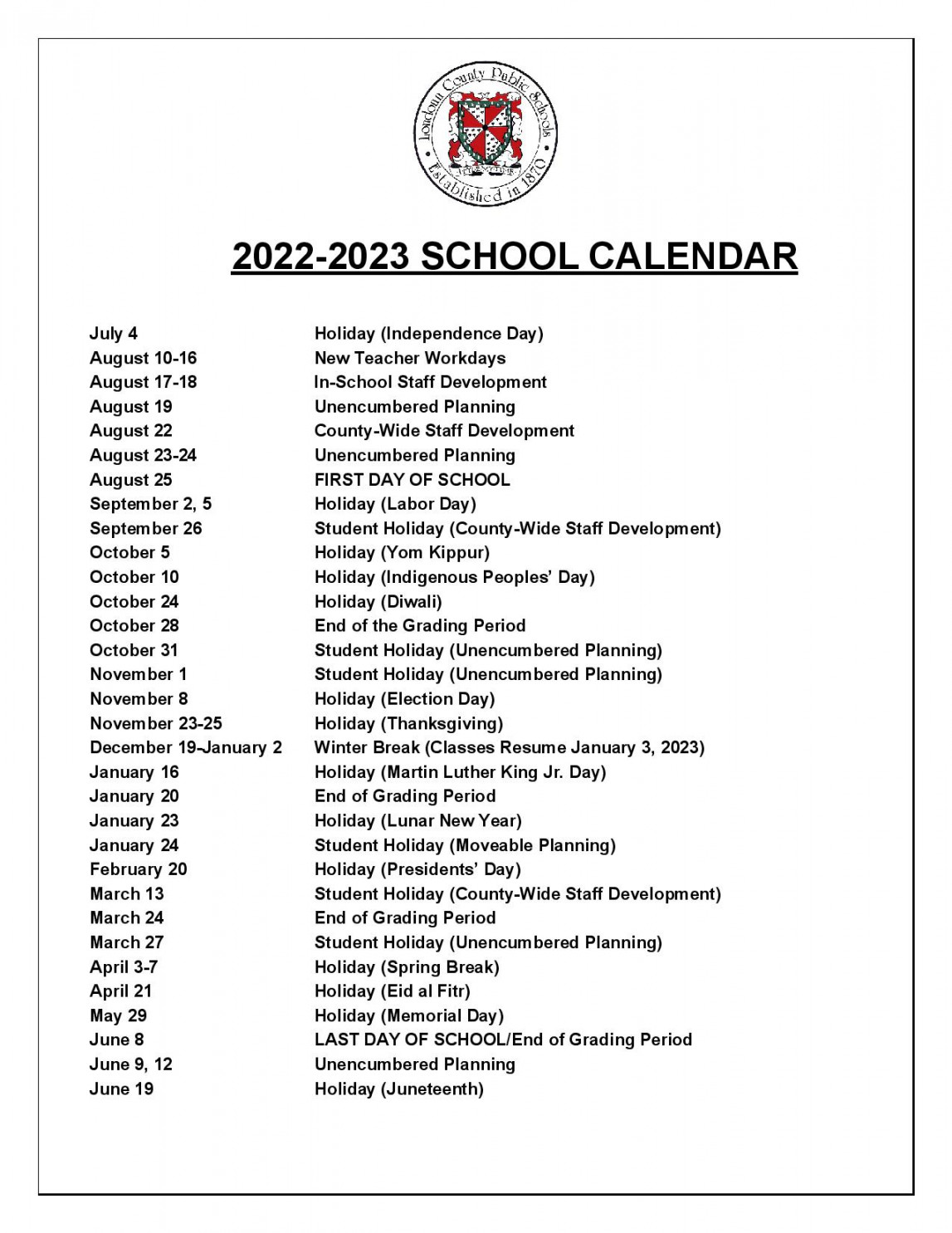 Loudoun County Schools Calendar - udlvirtual.esad.edu