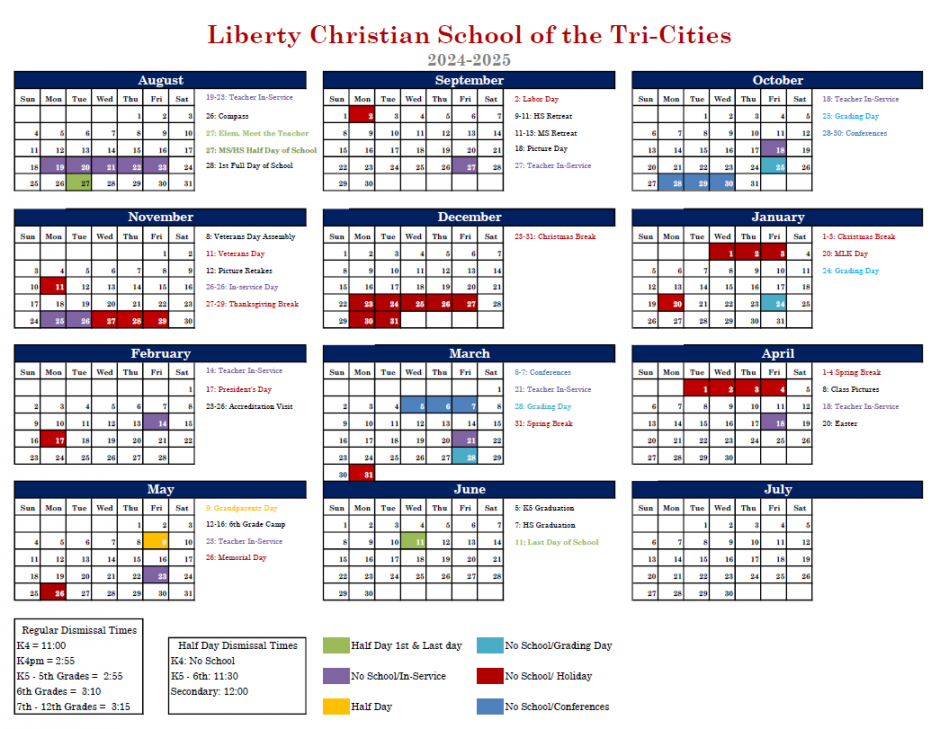 Master Annual Calendar - Liberty Christian School