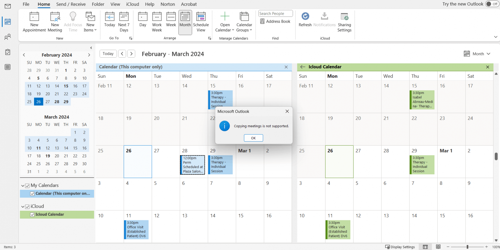 Outlook calendar importing appointments defaults to "this computer