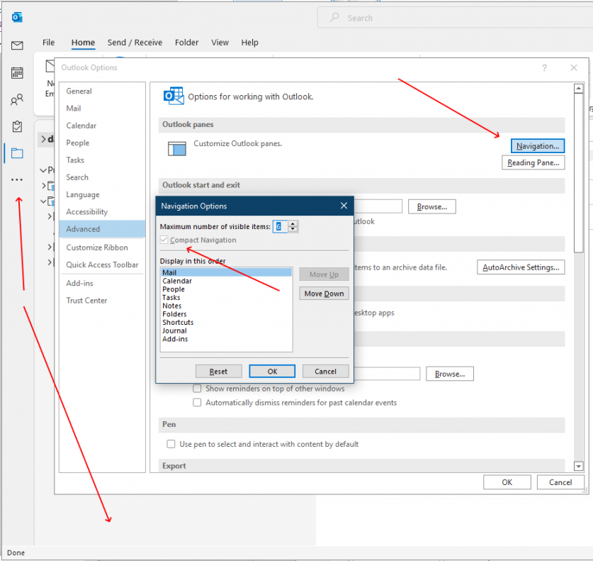 Outlook Email Navigation Pane on left interfering with email