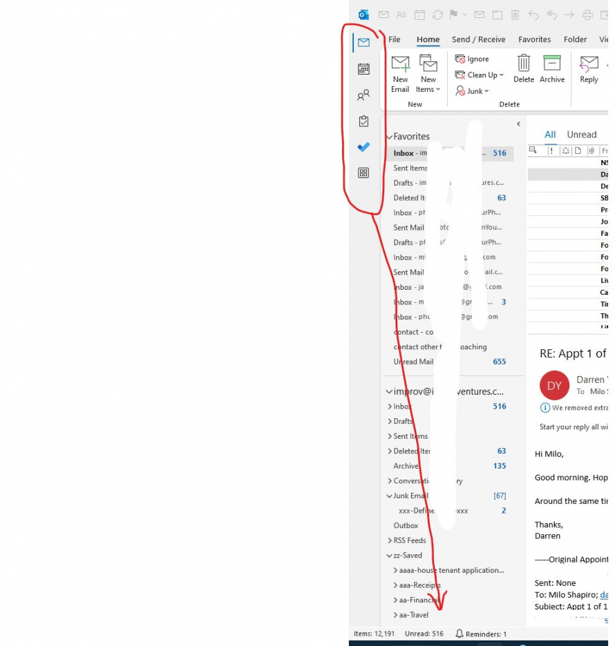 Outlook icons for getting to mail, calendar, etc moved from bottom