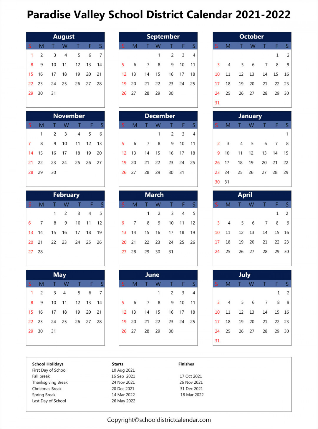 Paradise Valley Usd Calendar