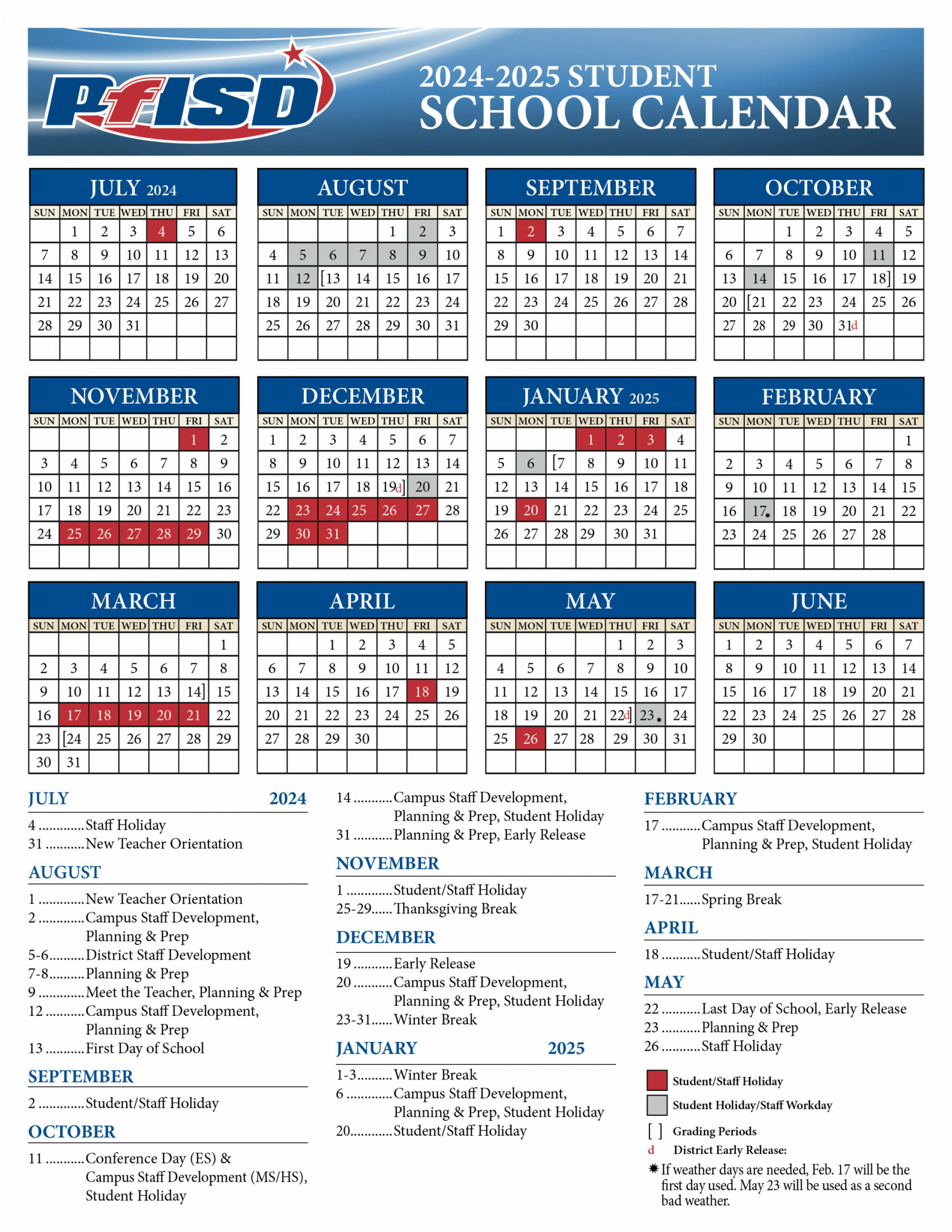 PfISD Calendar / - District Calendar