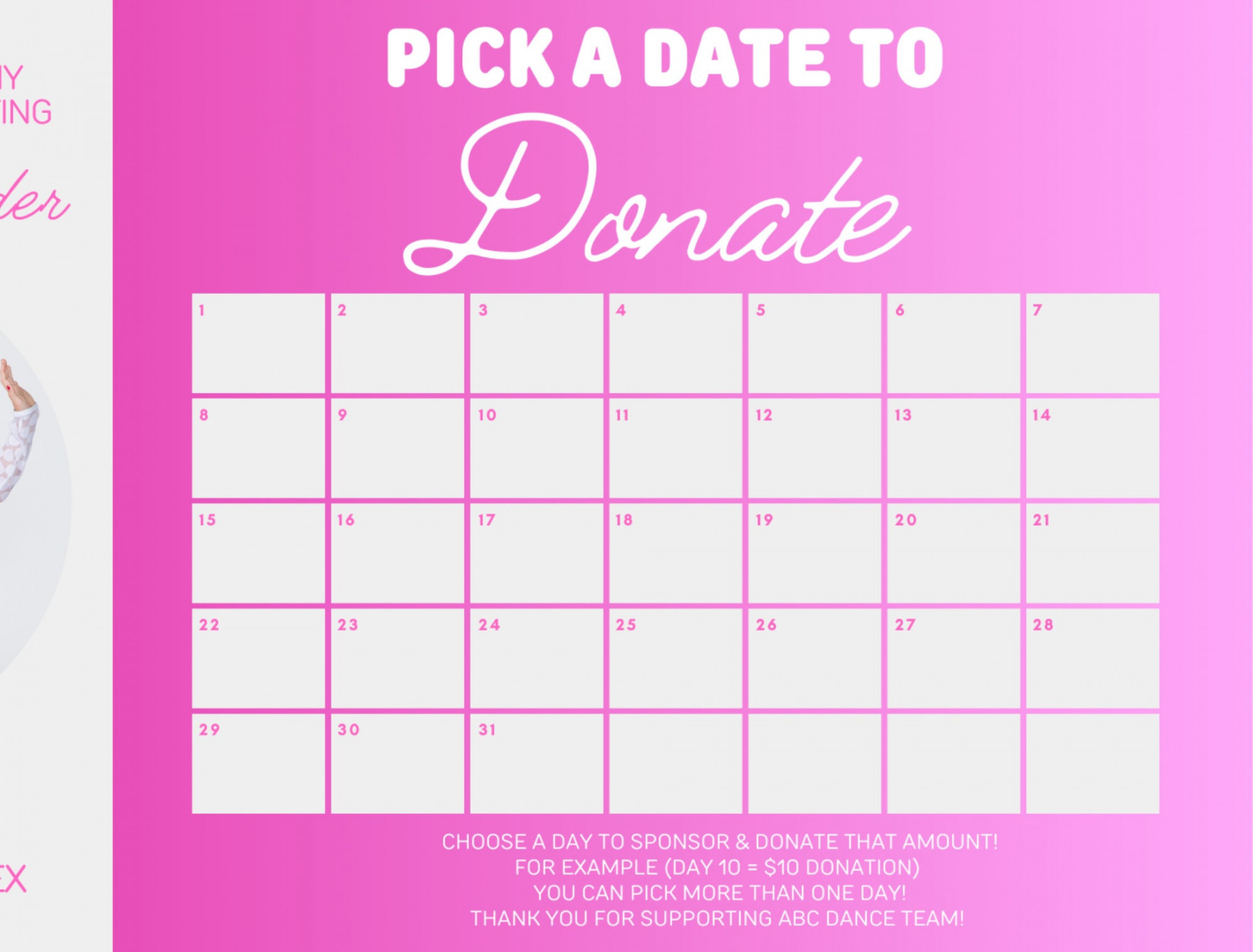 Pink Pick a Date to Donate Calendar Fundraiser, Editable Printable