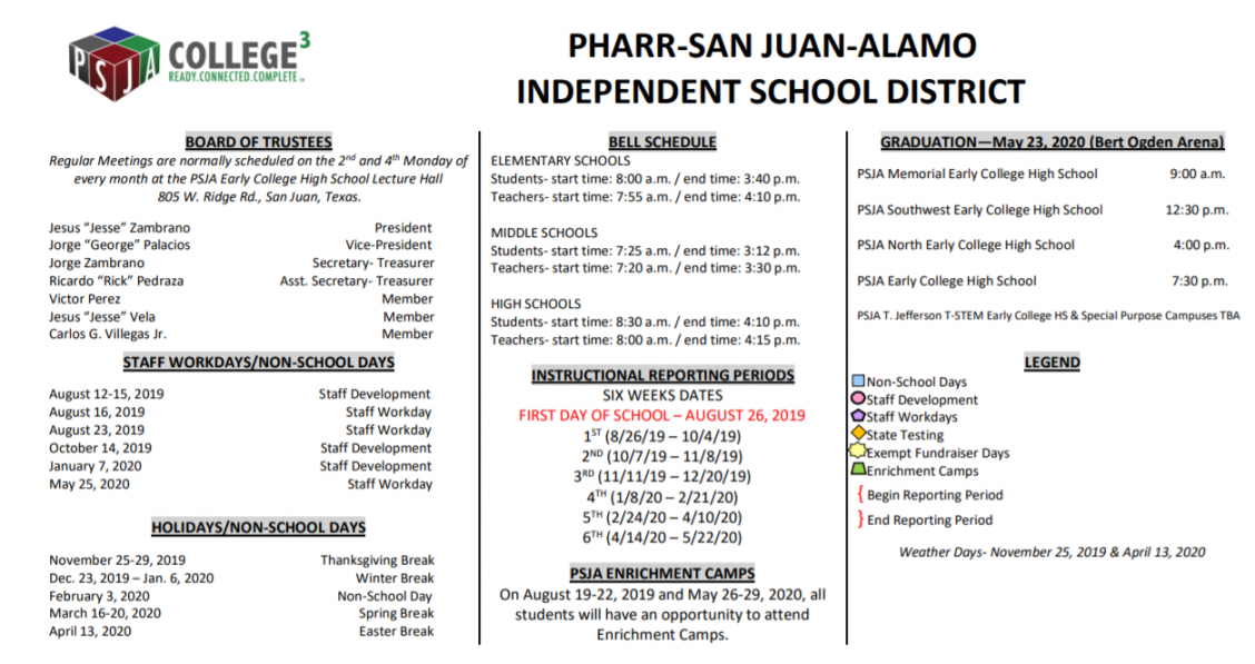 PSJA Memorial High School - School District Instructional Calendar