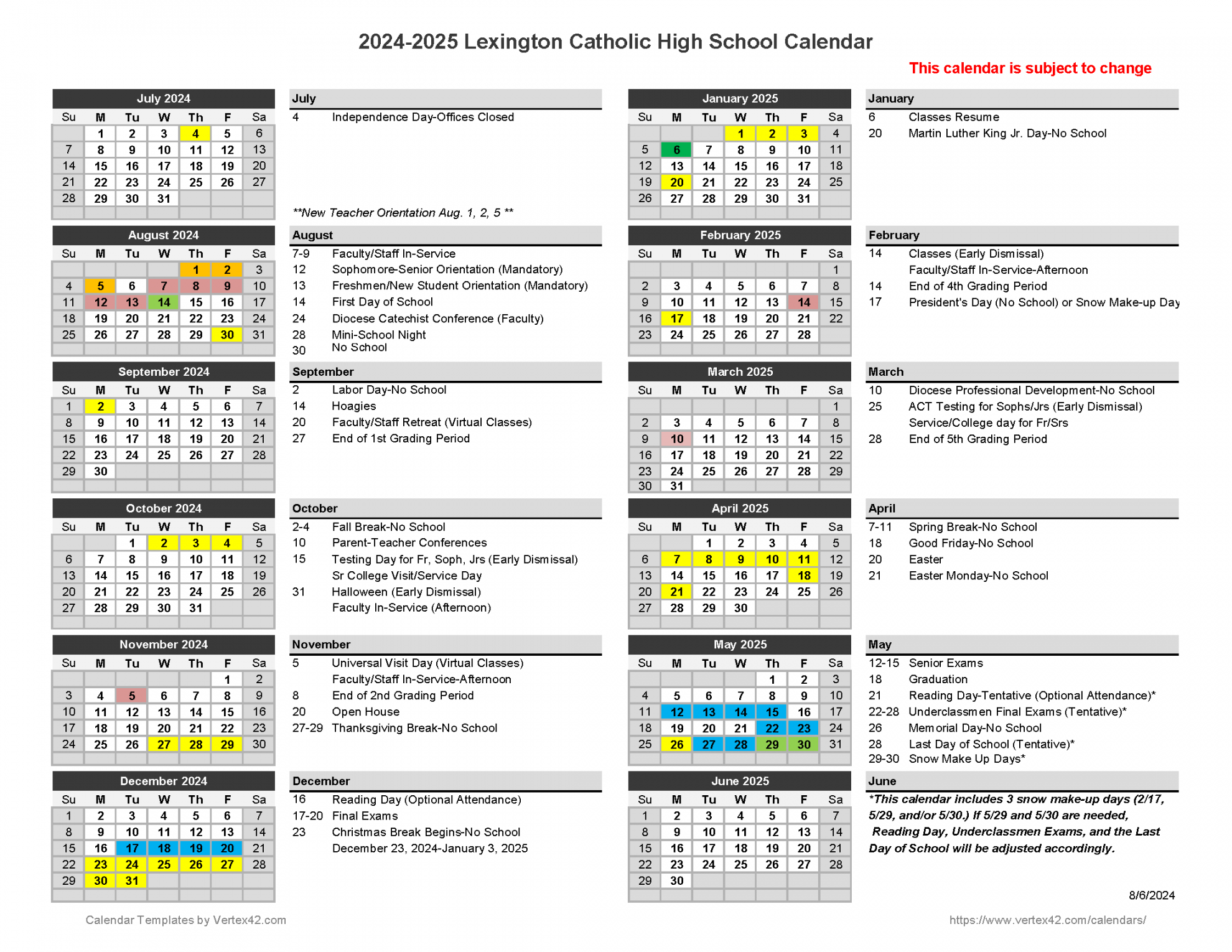 - School Calendar – Campus Life – Lexington Catholic High