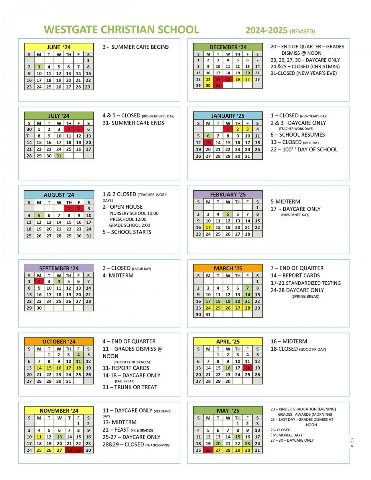 School Calendar : Westgate Christian School