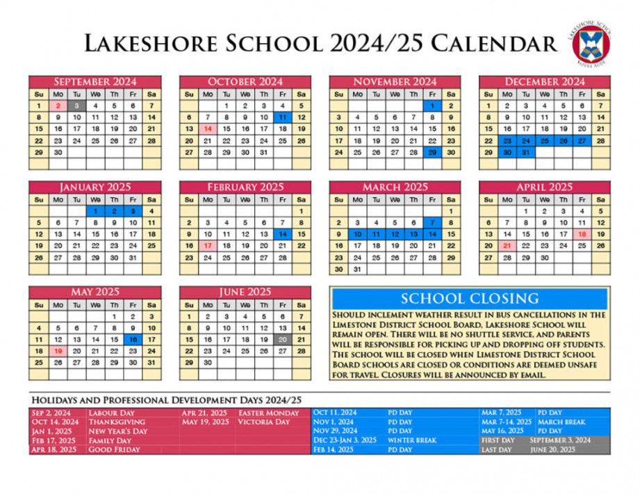 School Year Calendar – Lakeshore School