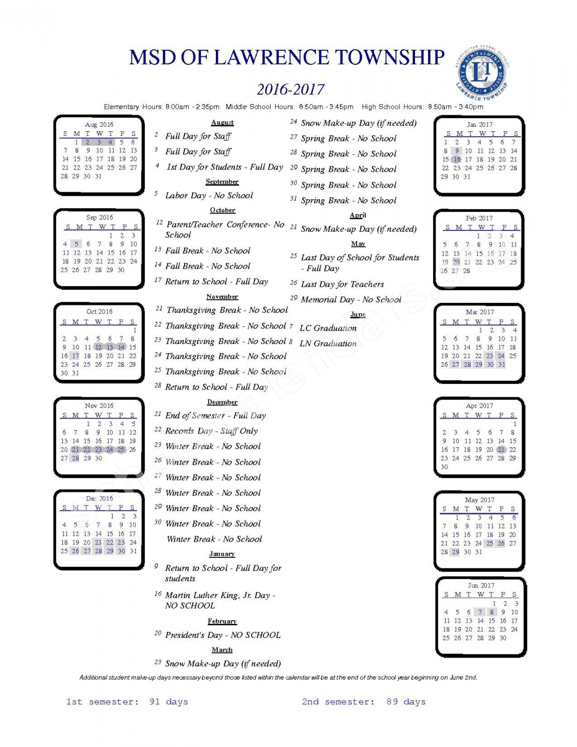 -  School Year Calendar  Metropolitan School District of