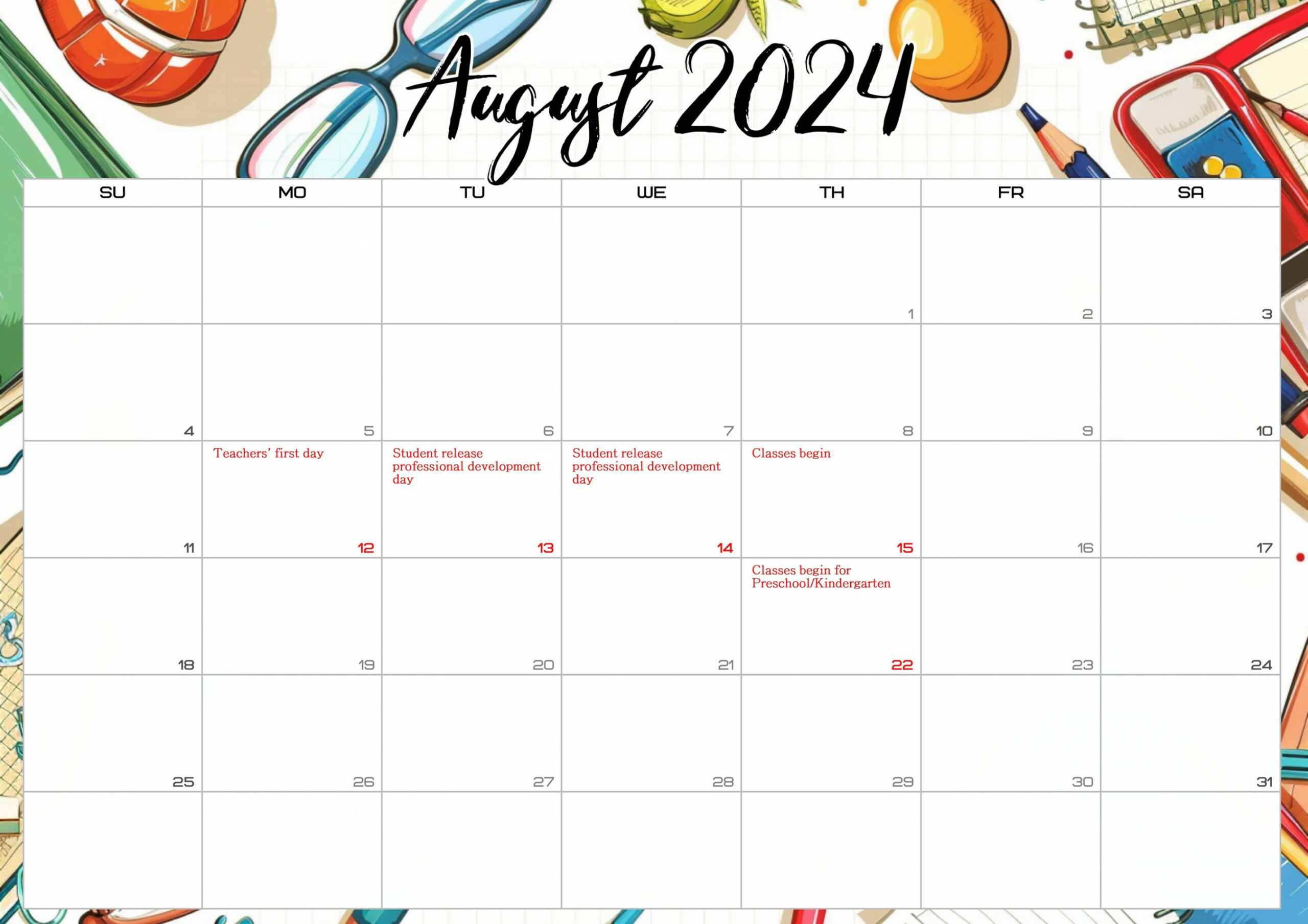 Anchorage School District - (August to June)- Printable, Instant  Digital Download, Monthly Calendar Template