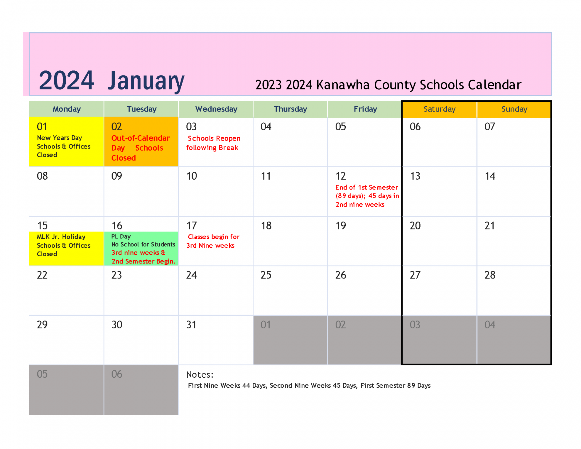 Board Approved - Calendar - Kanawha County Schools