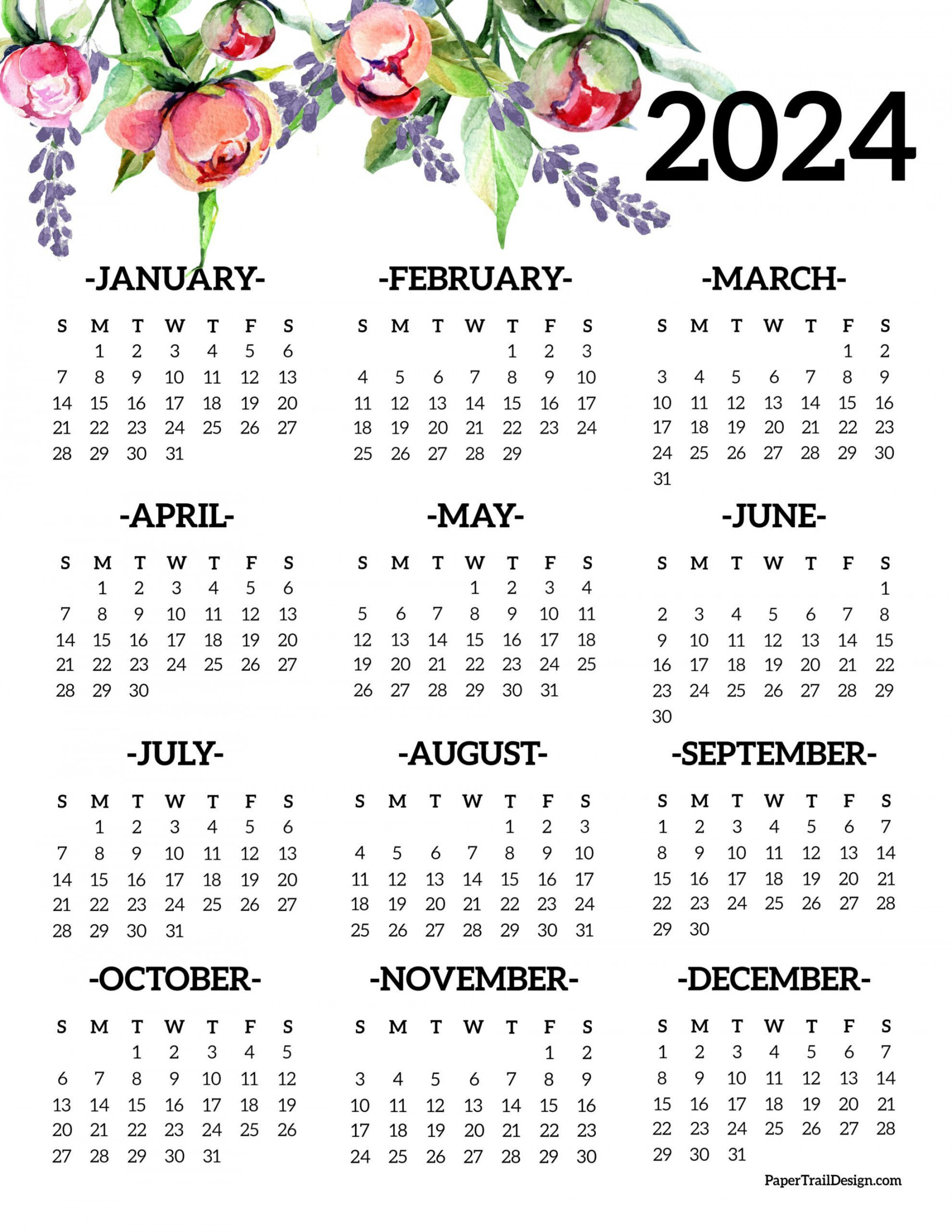 Calendar  Printable One Page  Paper Trail Design