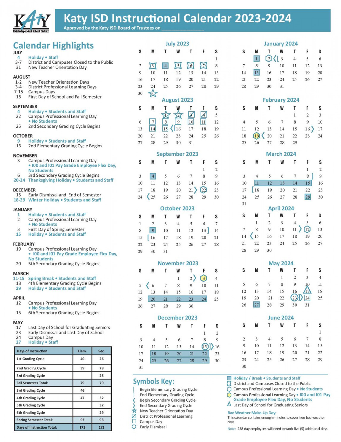 Katy ISD Approves -Â Instructional Calendar