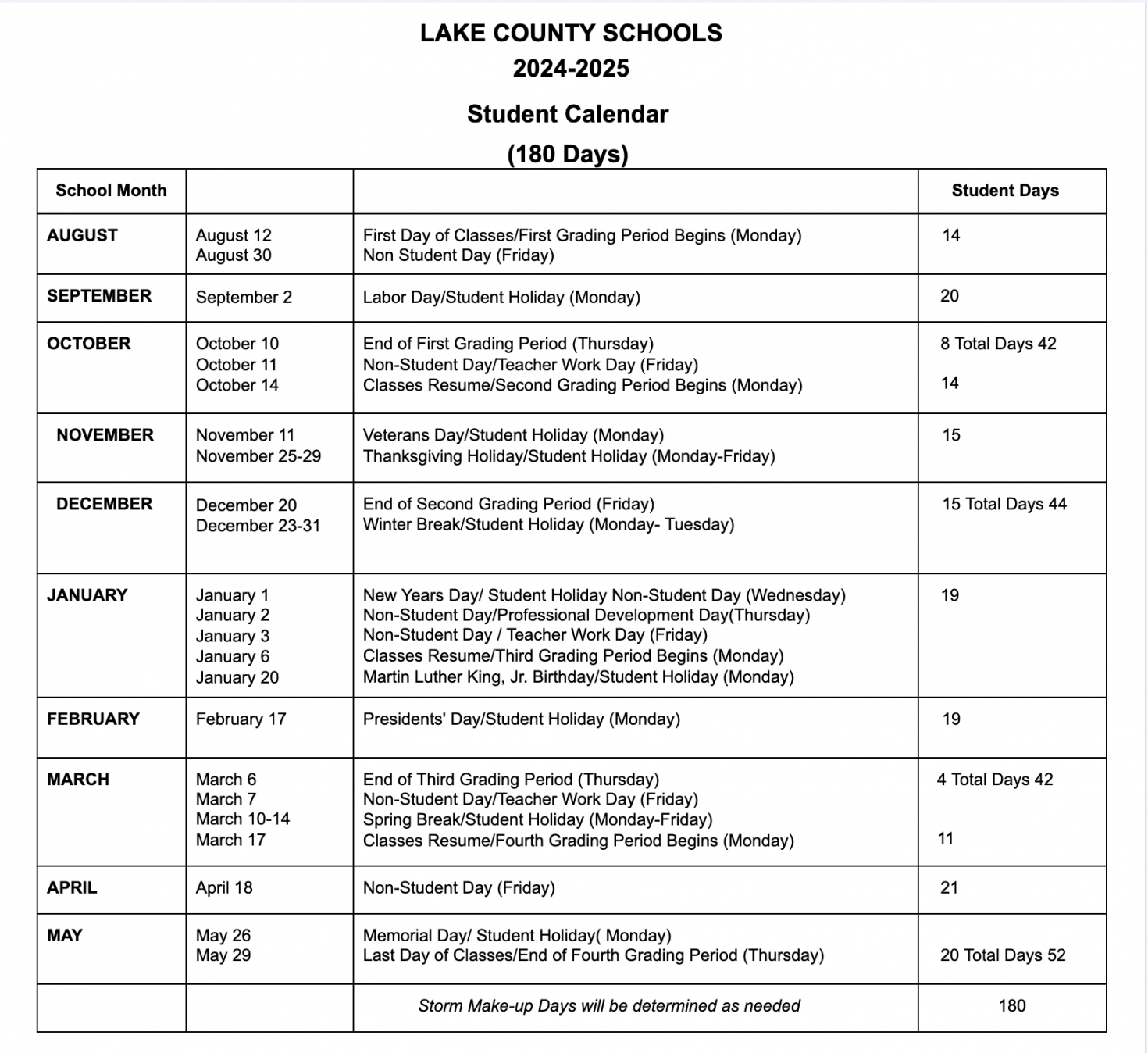 Lake County Schools Calendar -  Holidays, Academics