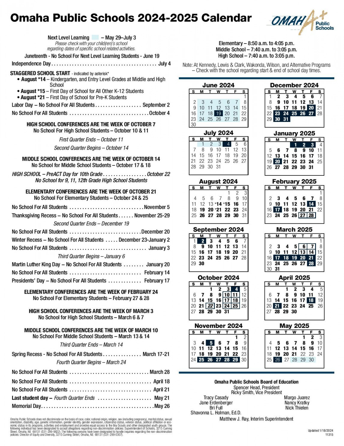 Omaha Public Schools Calendar -  OPS Holidays