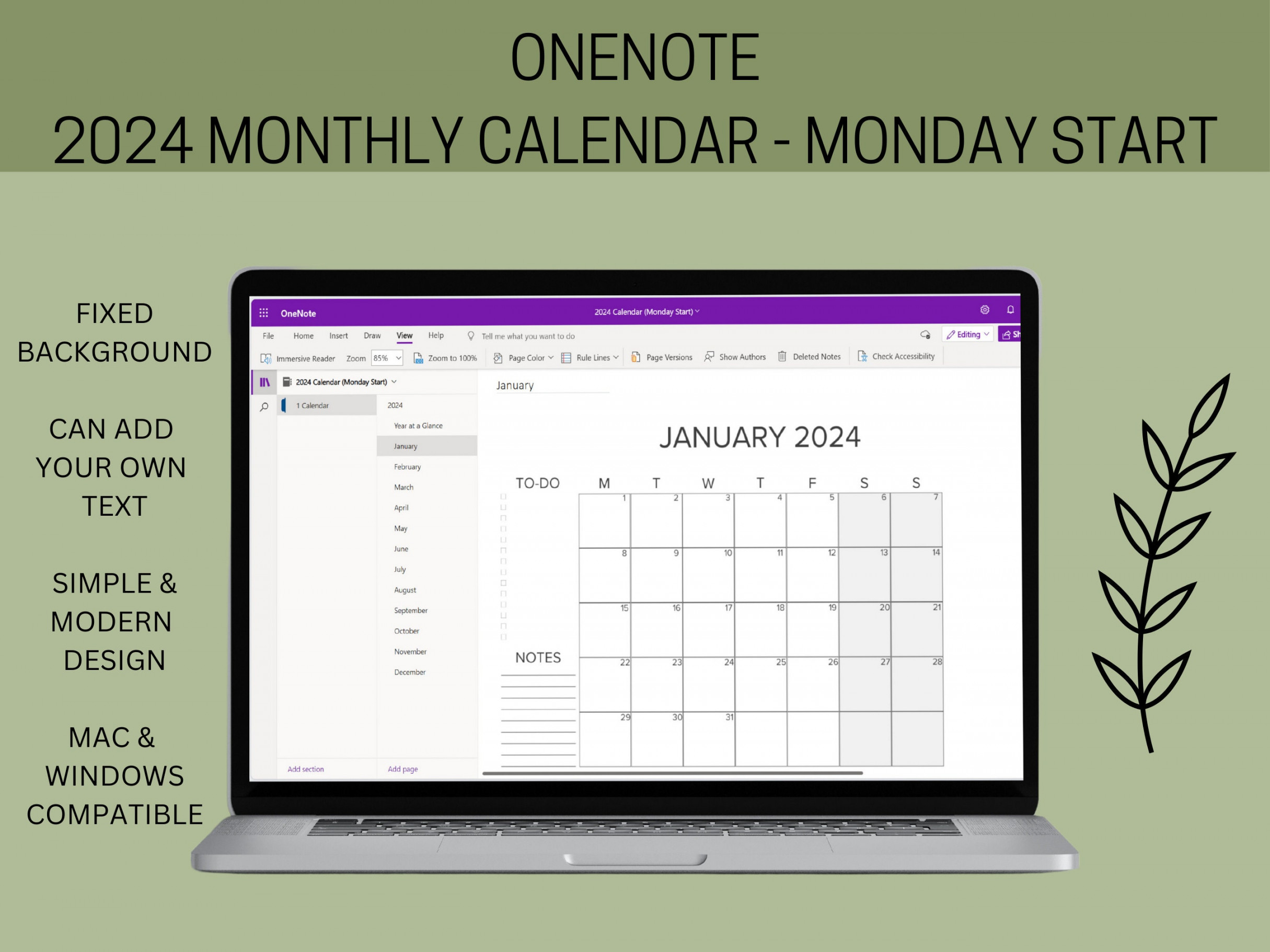 Onenote  Monthly Calendar Monday Start, Year at a Glance