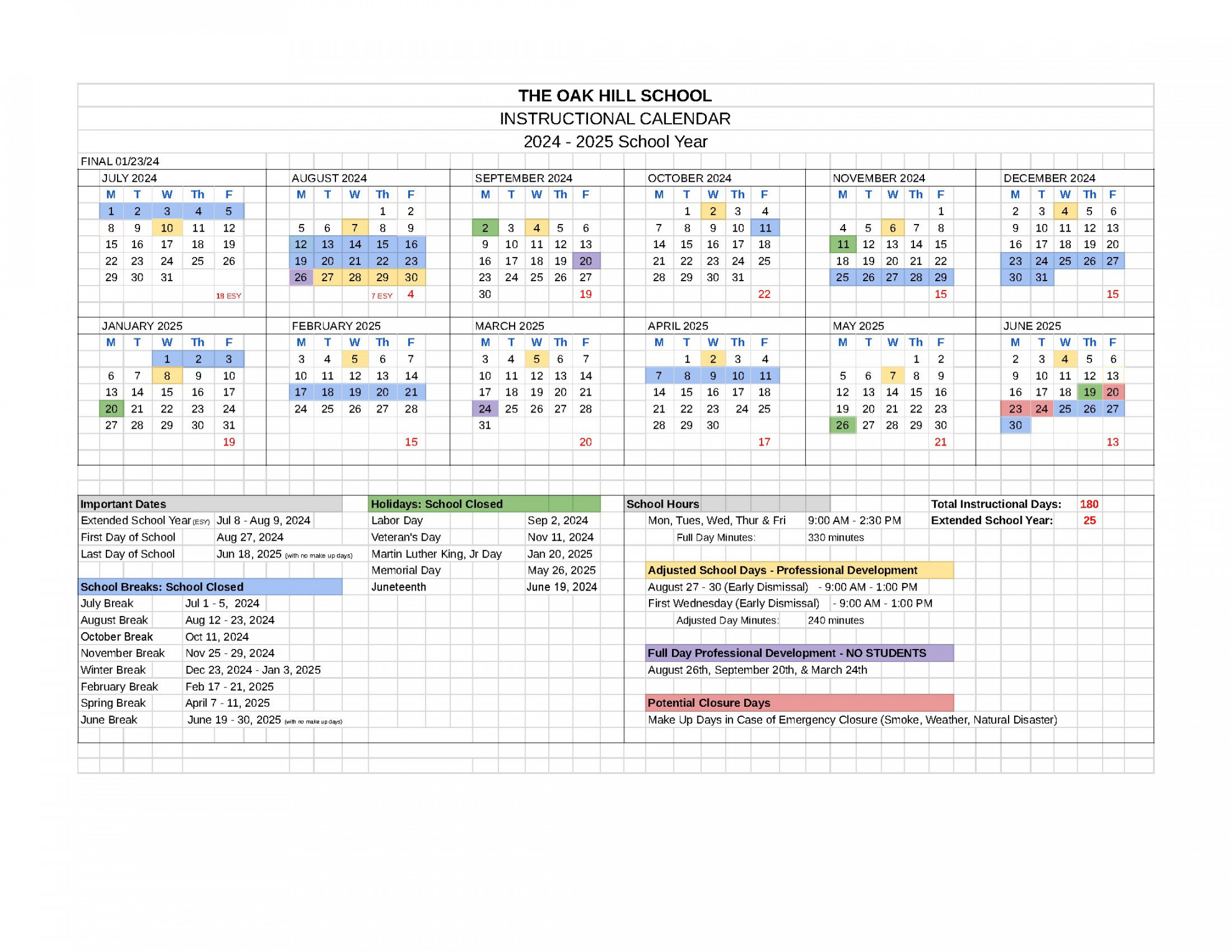 Calendar — Oak Hill School