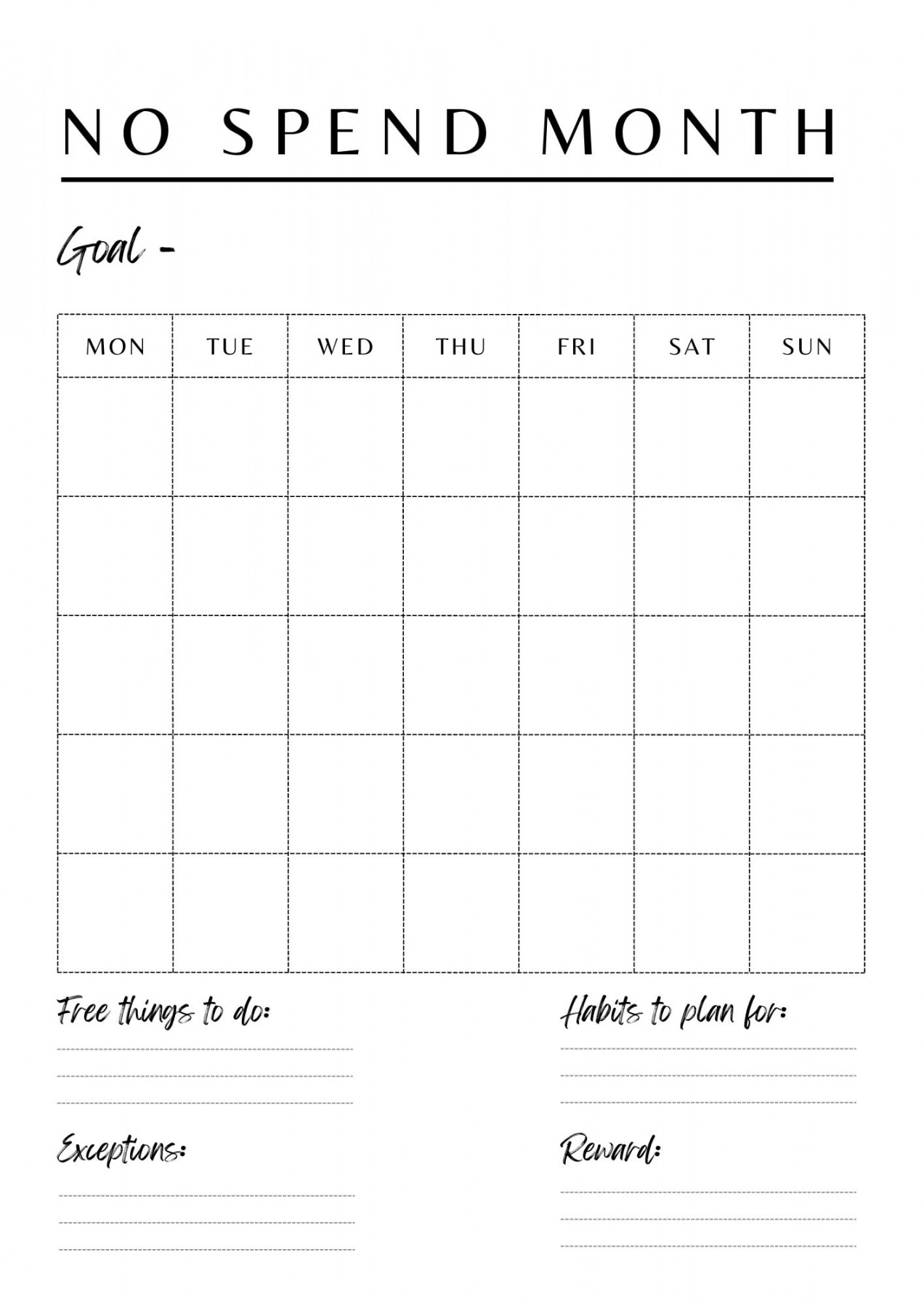 No Spend Month Challenge, No Spend Tracker, No Spend Calendar, No spend  checklist, Spending goals, Budget, Budgeting, Debt Free, Template