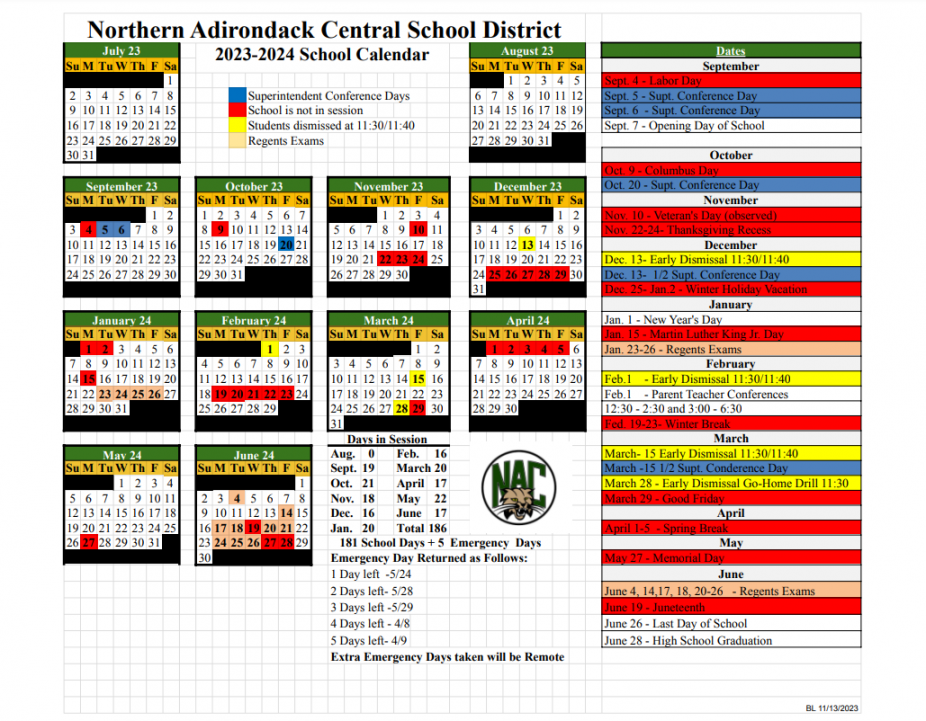 Updated - District Calendar  Northern Adirondack CSD