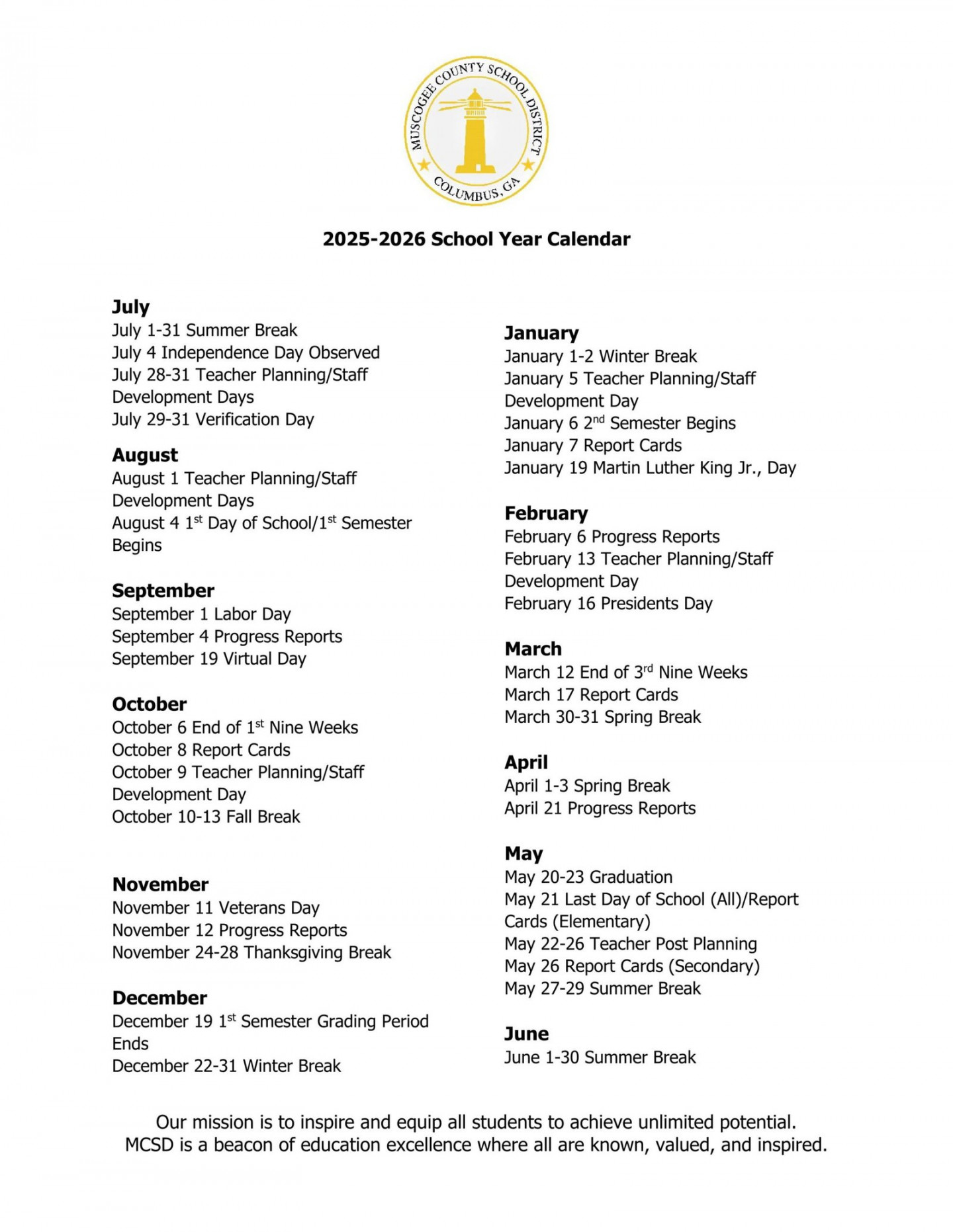 Muscogee County GA Schools Calendar - [PDF] - EduCounty